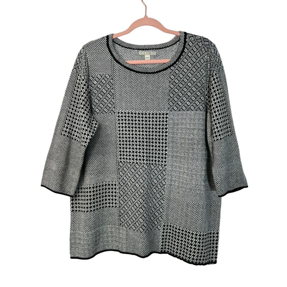 Dana Buchman Black White Geometric Design 3/4 Sleeves Knit Pullover Sweater XXL